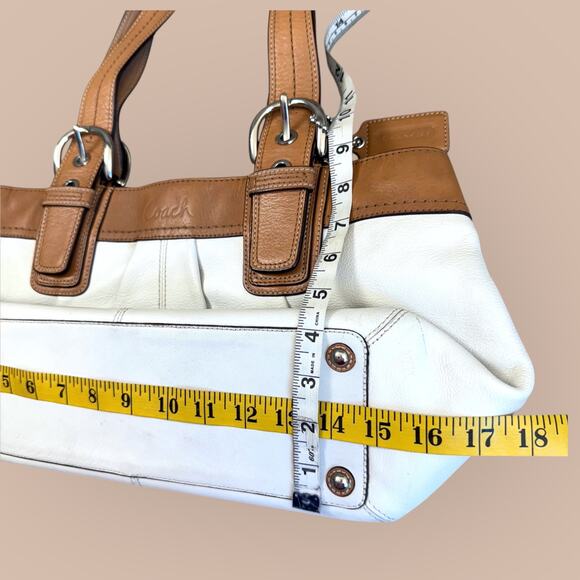 Coach Y2K Leather Soho Tote Shoulder Bag Double Handle Buckled Pleated Ivory Tan - Picture 11 of 14